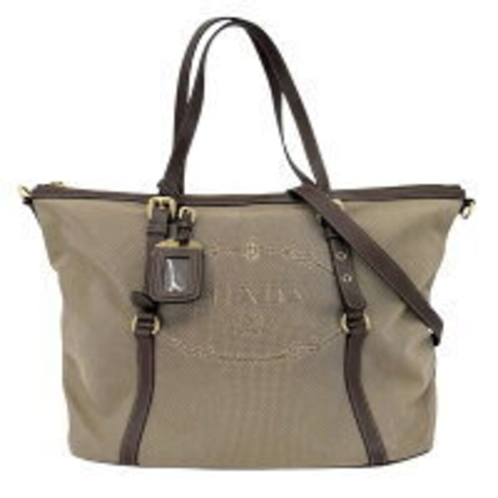Prada Tote Bag Shoulder Canvas Leather Beige Brown
